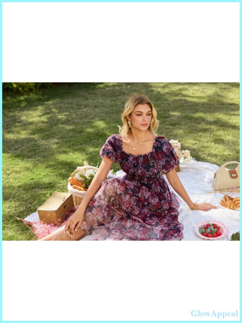 Floral Puff Sleeve Smocked Midi Dress Square Neck Mesh Flowy Wedding Guest - Picture 6 of 6